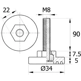 Опора резьбовая ОР34-8х90 под ключ, черная